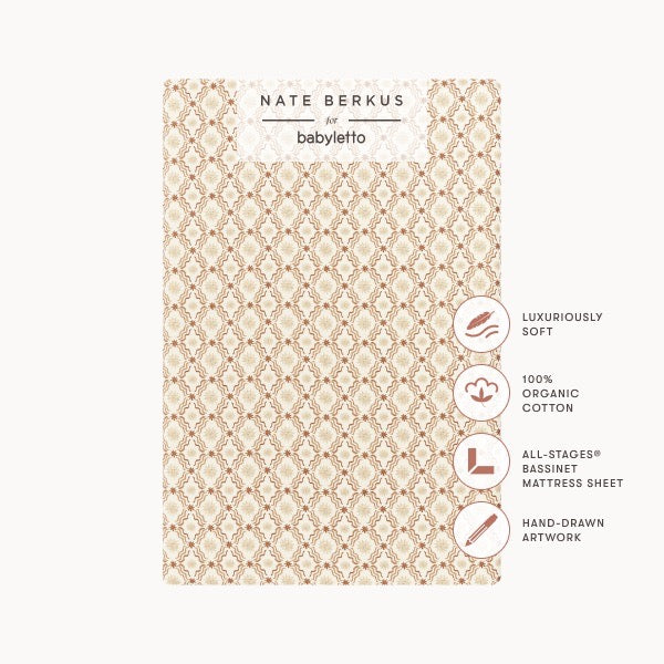 Babyletto Nate Berkus bassinet sheet with brown geometric pattern and product feature icons
