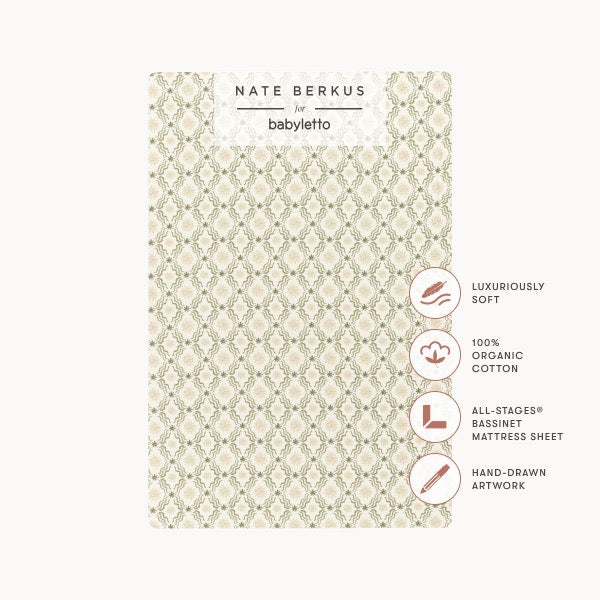 Babyletto Nate Berkus organic cotton bassinet sheet with geometric pattern and feature icons