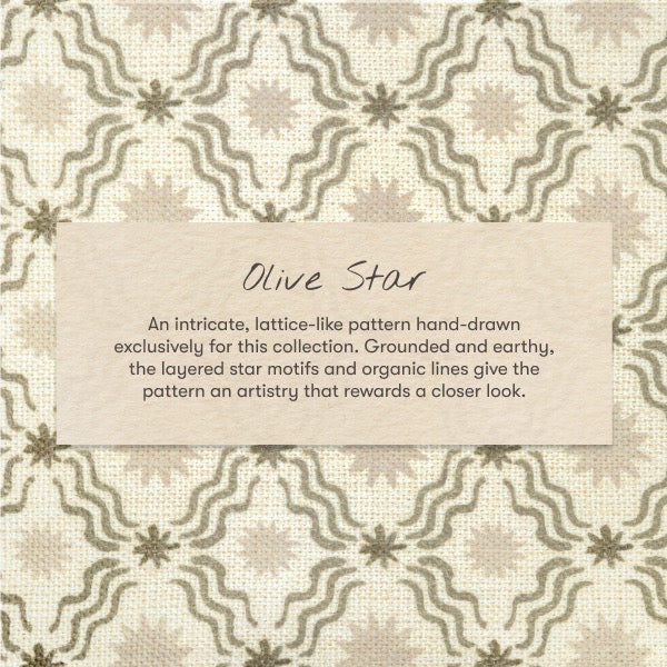 Babyletto Olive Star fabric pattern featuring olive green stars and wavy lines on a cream background