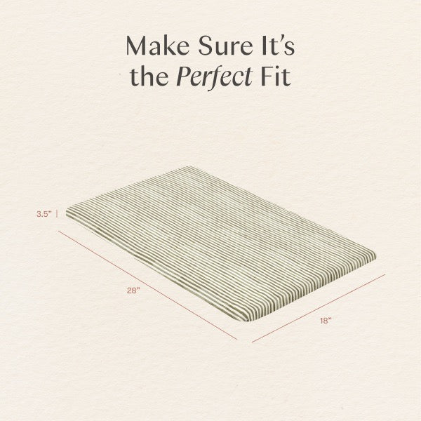 Babyletto mattress pad dimensions showing 28 inches length 18 inches width and 3.5 inches height