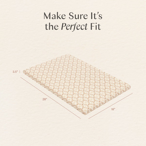 Babyletto mattress pad dimensions showing 28 inches length 18 inches width and 3.5 inches thickness