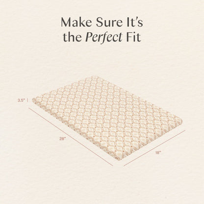 Babyletto mattress pad dimensions showing 28 inches length 18 inches width and 3.5 inches thickness