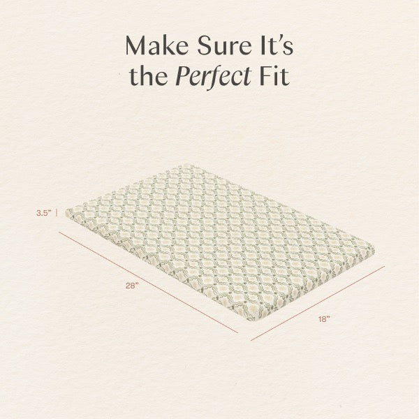 Babyletto mattress pad dimensions showing 28 inches length 18 inches width and 3.5 inches height