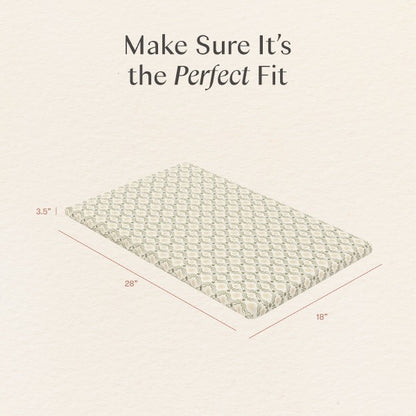 Babyletto mattress pad dimensions showing 28 inches length 18 inches width and 3.5 inches height