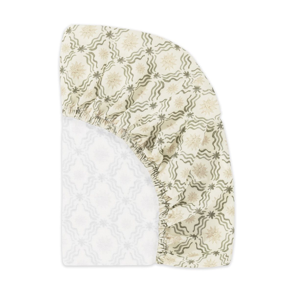 Babyletto fitted crib sheet with green and beige wavy line and star pattern