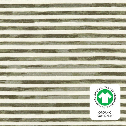 Babyletto fabric with horizontal olive green and white textured stripes and GOTS organic certification logo