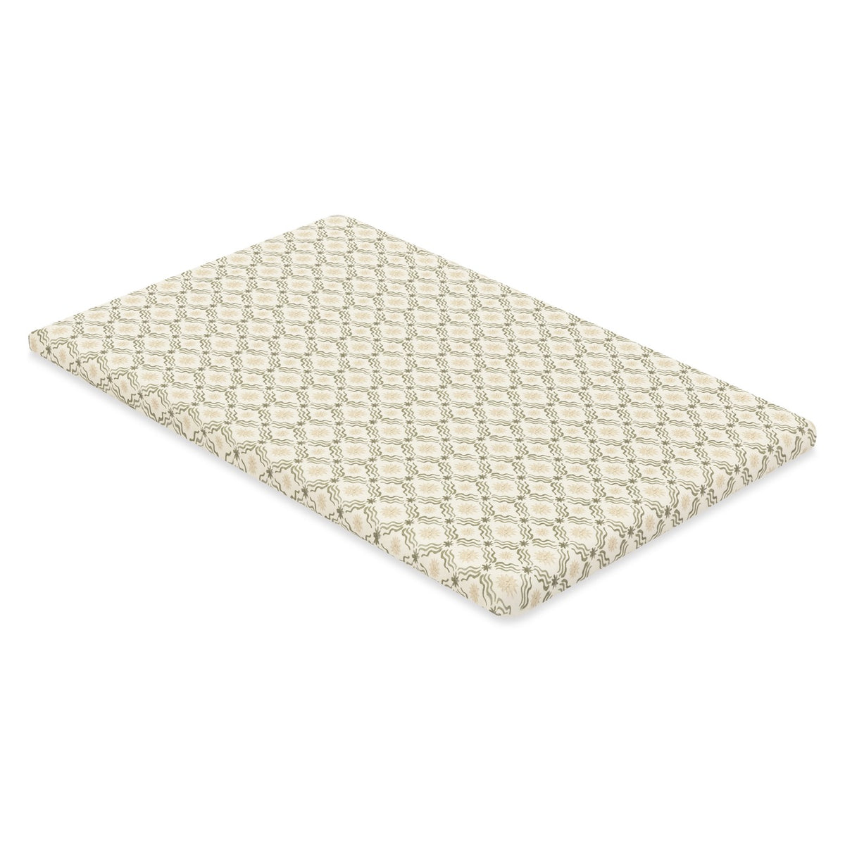 Babyletto crib mattress with cream and sage green wavy grid pattern