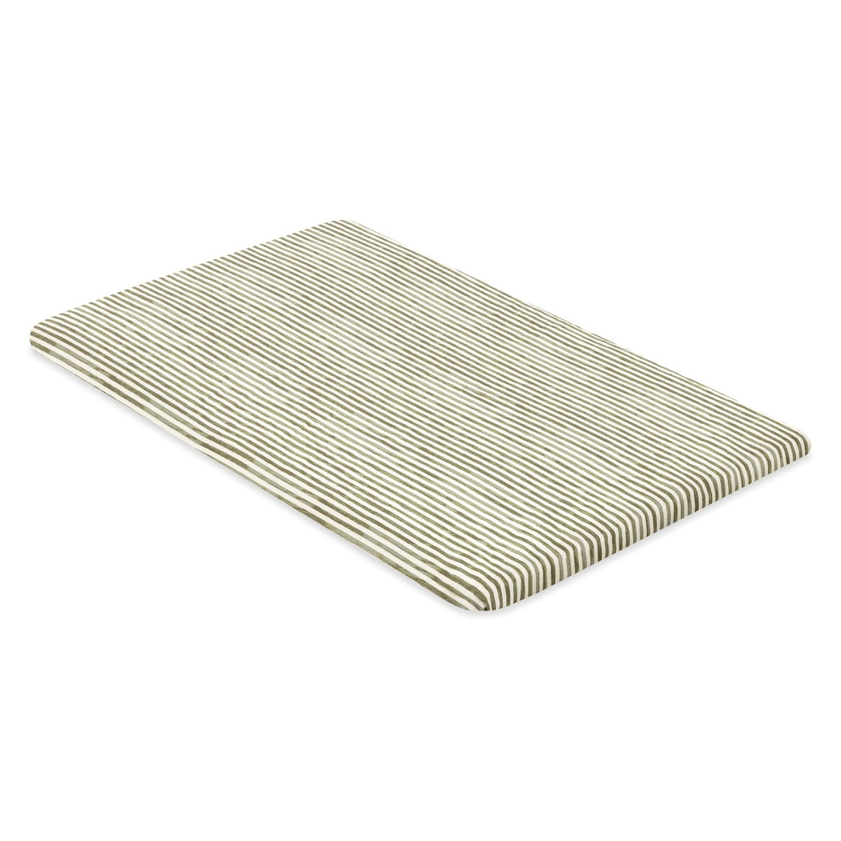 Babyletto crib sheet with olive green and white vertical stripes