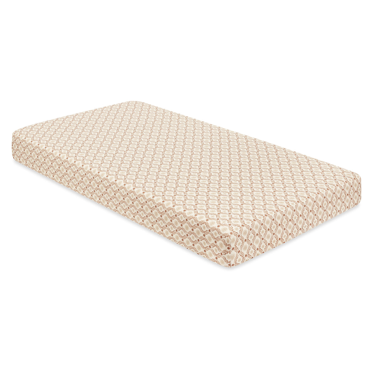 Babyletto crib mattress with a beige and white geometric pattern