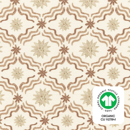 Babyletto fabric with tan and brown star and wavy line pattern and GOTS organic certification logo