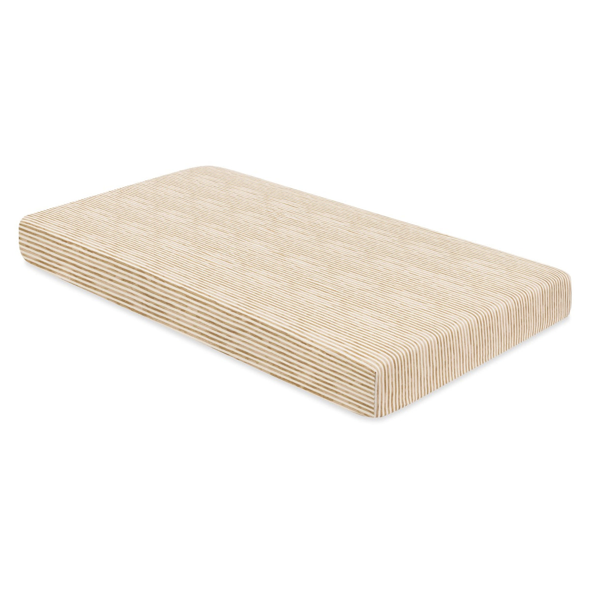 Babyletto crib mattress with tan and white striped cover