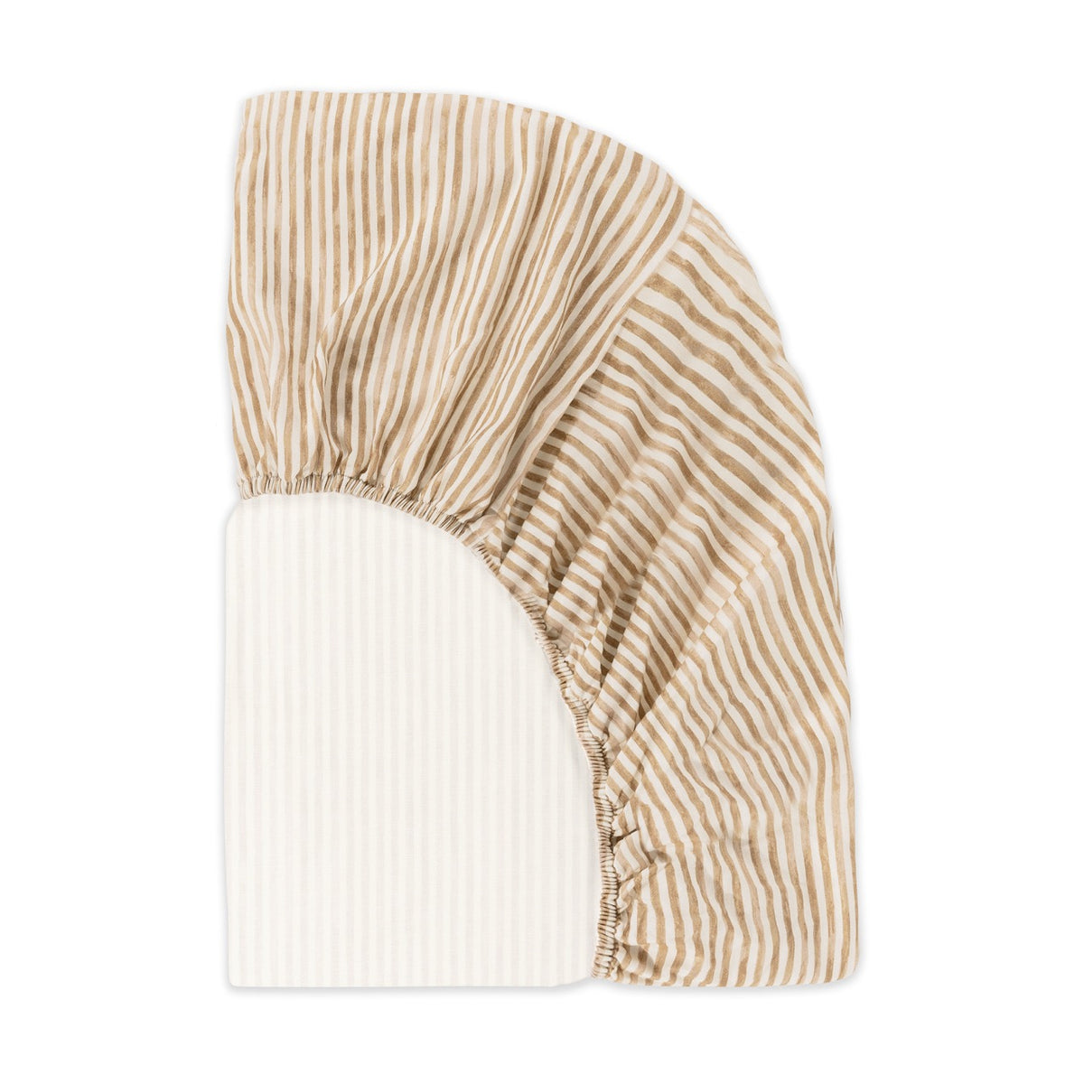 Babyletto oval crib sheet with tan and white vertical stripes