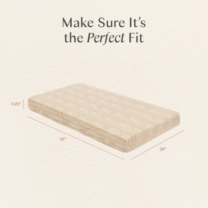 Babyletto mattress dimensions showing 52 inches length 28 inches width and 9.25 inches height