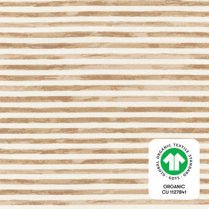Babyletto fabric with horizontal brown brushstroke stripes and GOTS organic certification label