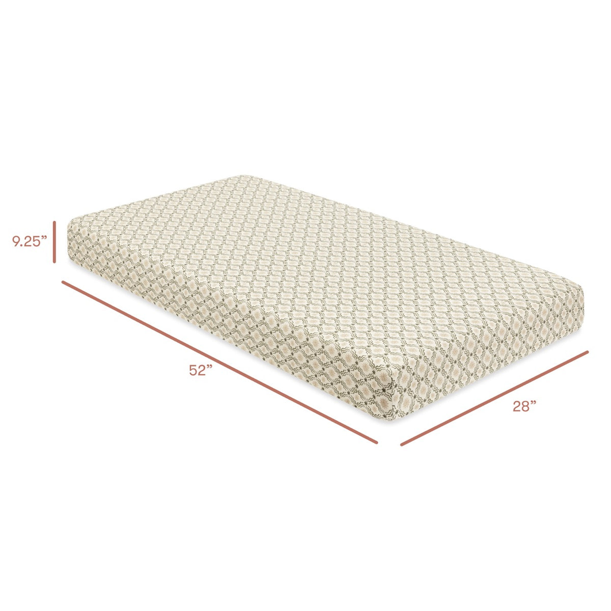 Babyletto crib mattress with dimensions 52 inches long 28 inches wide and 9.25 inches thick