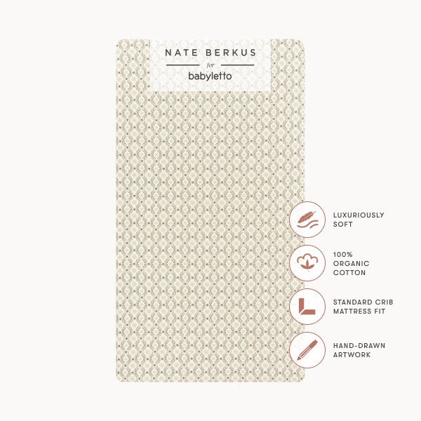 Babyletto Nate Berkus organic cotton crib sheet with geometric pattern and feature icons