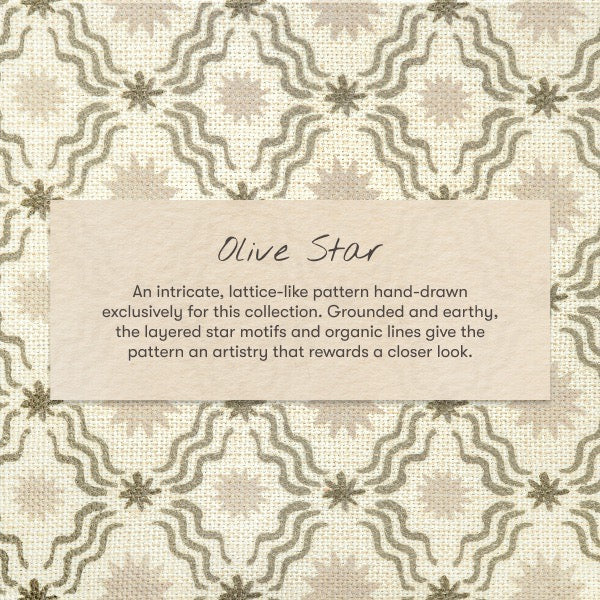Babyletto Olive Star fabric pattern featuring layered star motifs and wavy lines