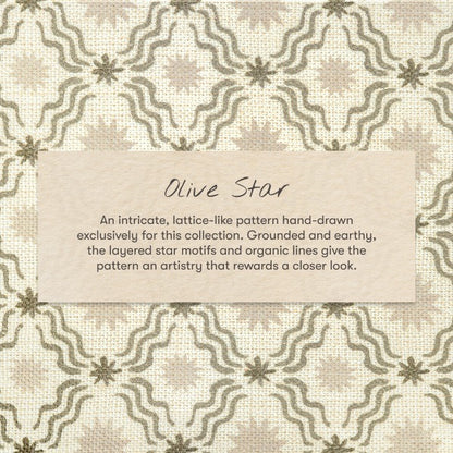 Babyletto Olive Star fabric pattern featuring layered star motifs and wavy lines