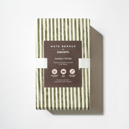 Babyletto Nate Berkus organic brushed cotton crib sheet in juniper stripe pattern