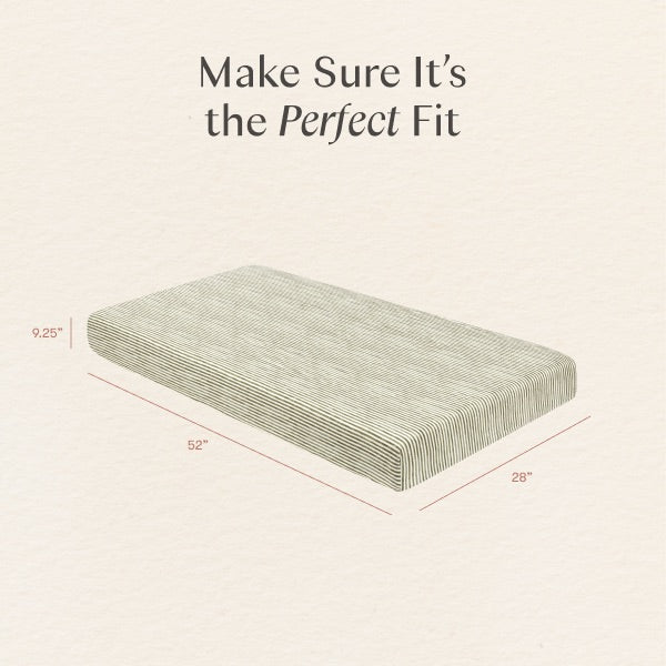 Babyletto mattress dimensions diagram showing 52 inch length 28 inch width and 9.25 inch height