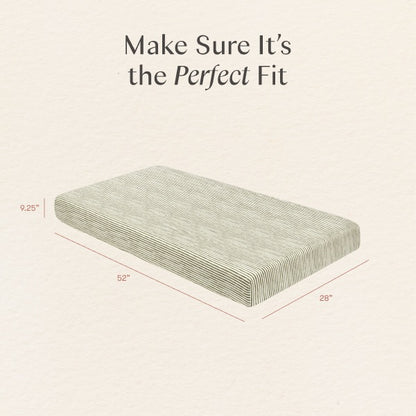 Babyletto mattress dimensions diagram showing 52 inch length 28 inch width and 9.25 inch height