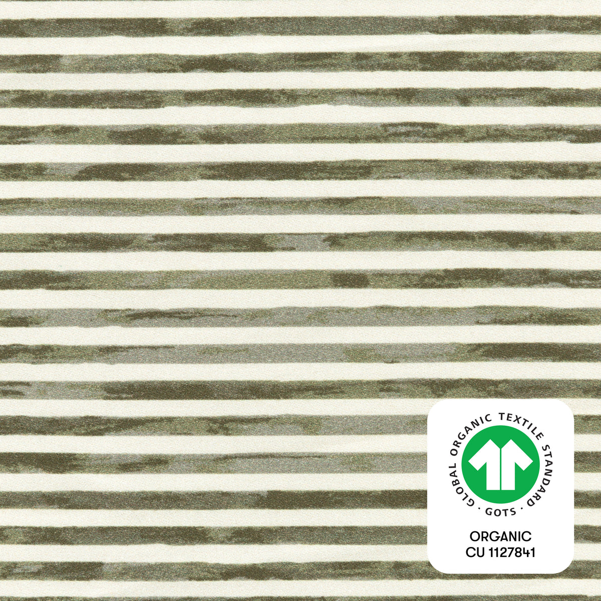 Babyletto fabric with horizontal olive green and white stripes and GOTS organic textile certification logo