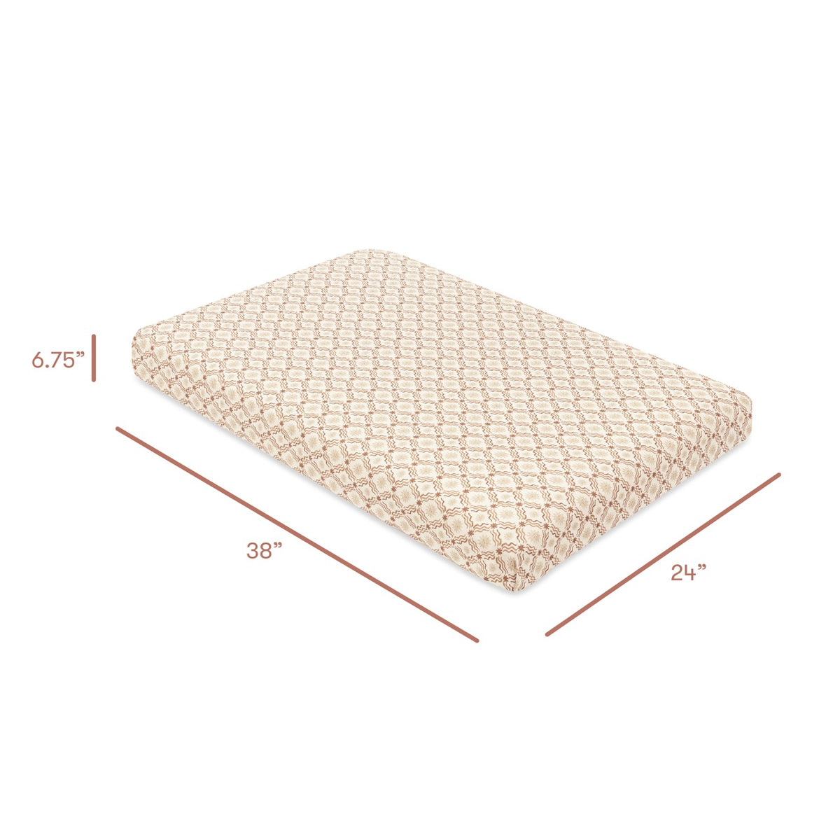 Babyletto patterned crib mattress with 38 inch length 24 inch width and 6.75 inch height dimensions