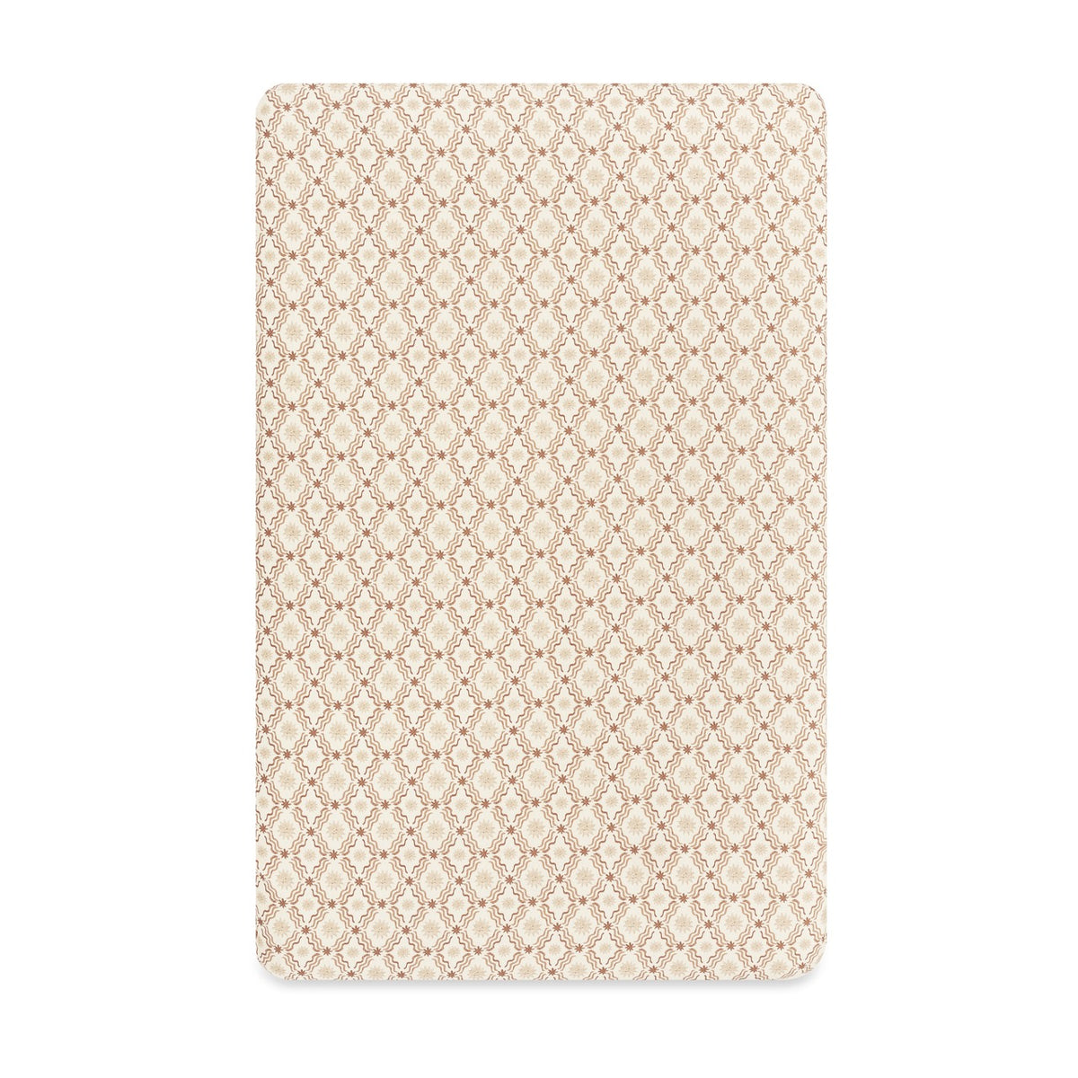 Babyletto crib sheet with a tan and white geometric diamond and floral pattern