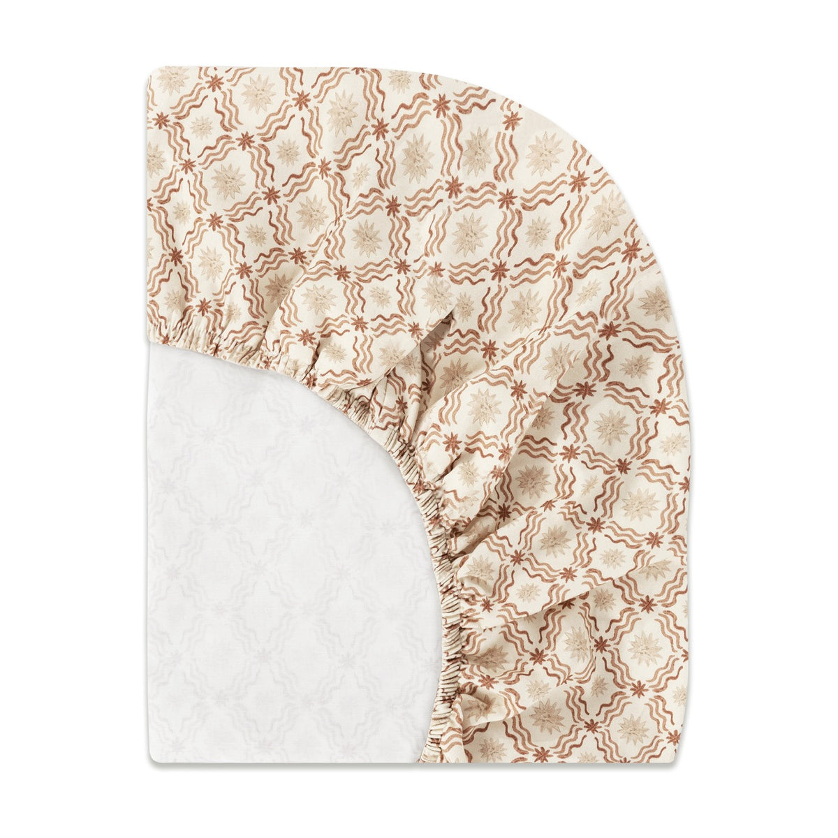 Babyletto fitted crib sheet with tan and brown star and wavy line pattern