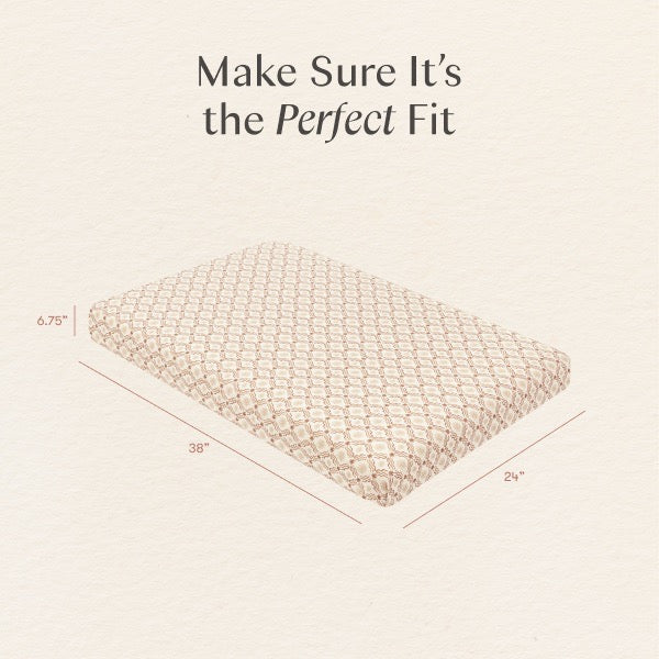 Babyletto mattress dimensions diagram showing 38 inch length 24 inch width and 6.75 inch height