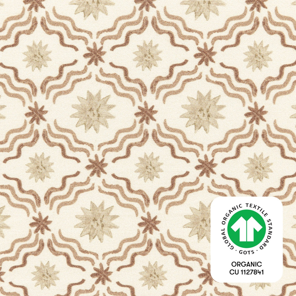 Babyletto fabric with tan star and wavy line pattern and GOTS organic certification label