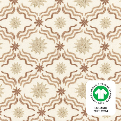 Babyletto fabric with tan star and wavy line pattern and GOTS organic certification label
