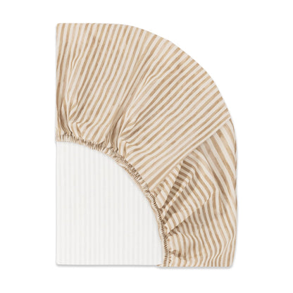 Babyletto fitted crib sheet with tan and white vertical stripes