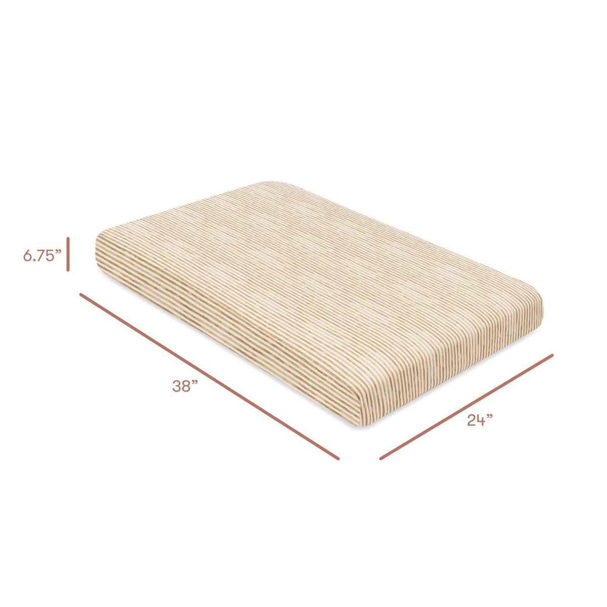 Babyletto striped mattress with dimensions 38 inches by 24 inches by 6.75 inches