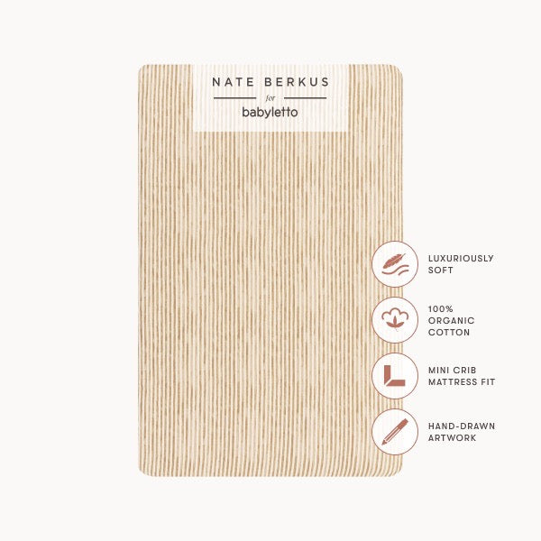 Babyletto Nate Berkus organic cotton mini crib sheet with tan vertical stripe pattern