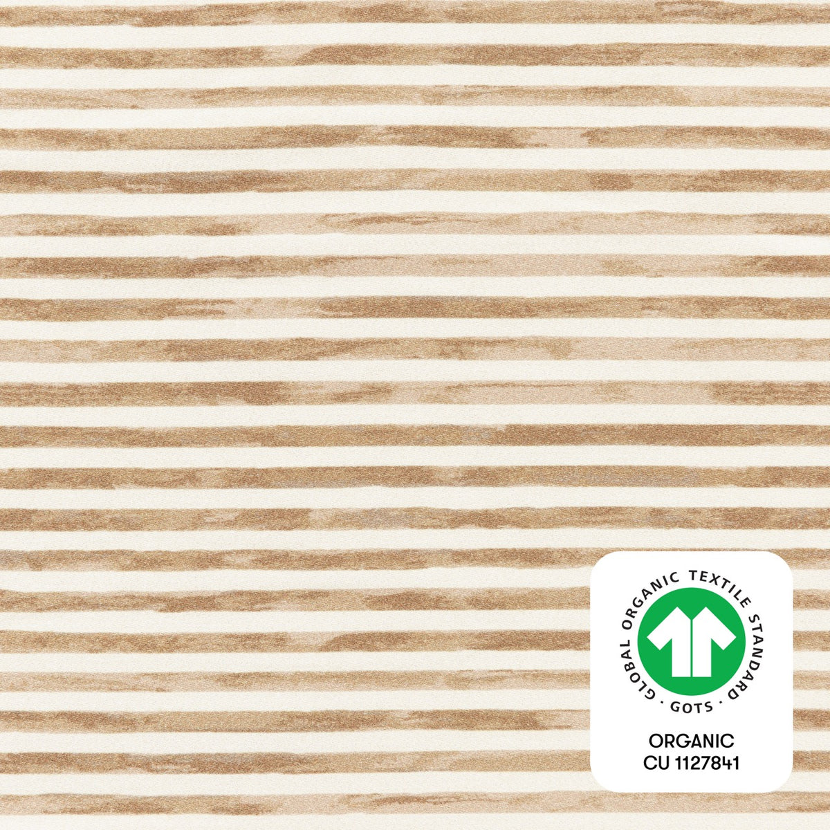 Babyletto fabric with tan horizontal brushstroke stripes and GOTS organic certification logo