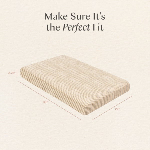 Babyletto striped mattress pad with dimensions 38 inches by 24 inches by 6.75 inches