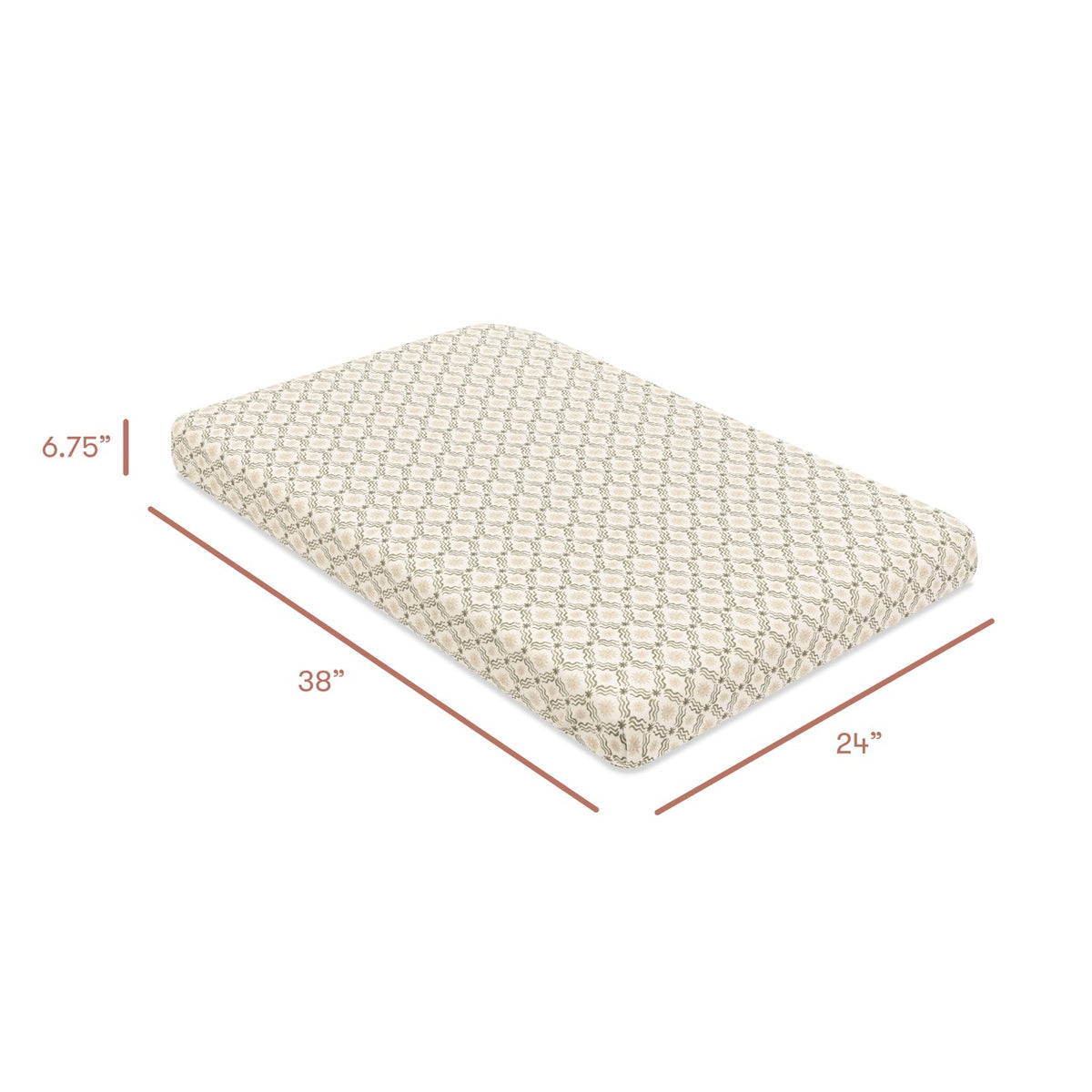 Babyletto mattress with dimensions 38 inches long 24 inches wide and 6.75 inches thick
