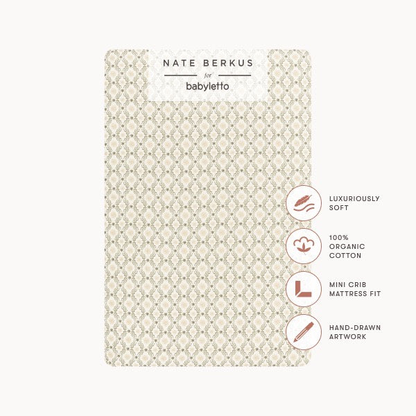 Babyletto Nate Berkus organic cotton mini crib sheet with geometric pattern and feature icons
