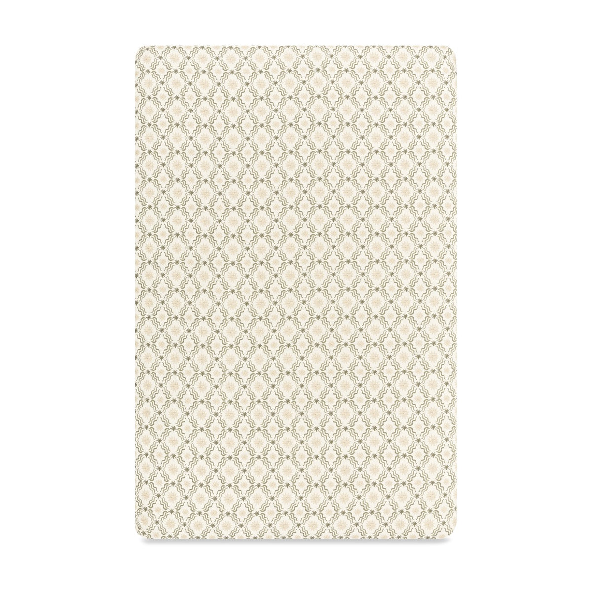 Babyletto crib sheet with a beige and olive green geometric lattice pattern