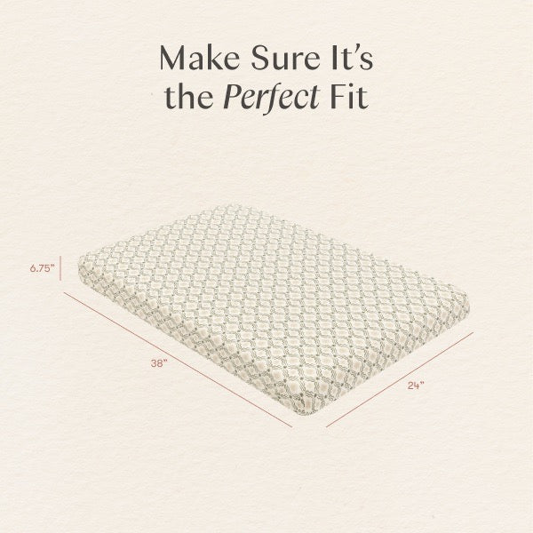 Babyletto mattress dimensions diagram showing 38 inch length 24 inch width and 6.75 inch height
