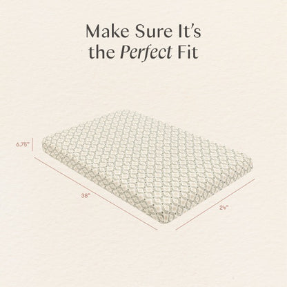 Babyletto mattress dimensions diagram showing 38 inch length 24 inch width and 6.75 inch height
