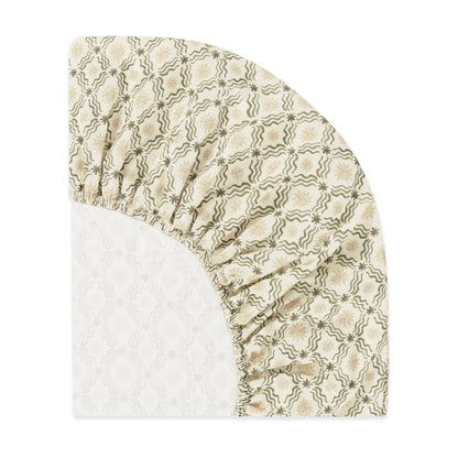 Babyletto fitted crib sheet with cream and olive green star and wave pattern