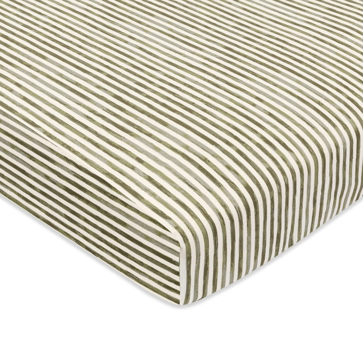 Babyletto crib sheet with olive green and white vertical stripes