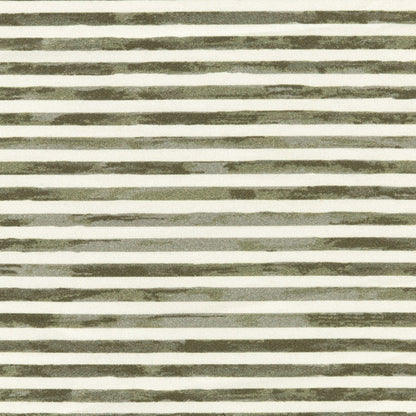 Babyletto fabric with horizontal olive green brushstroke stripes on a cream background