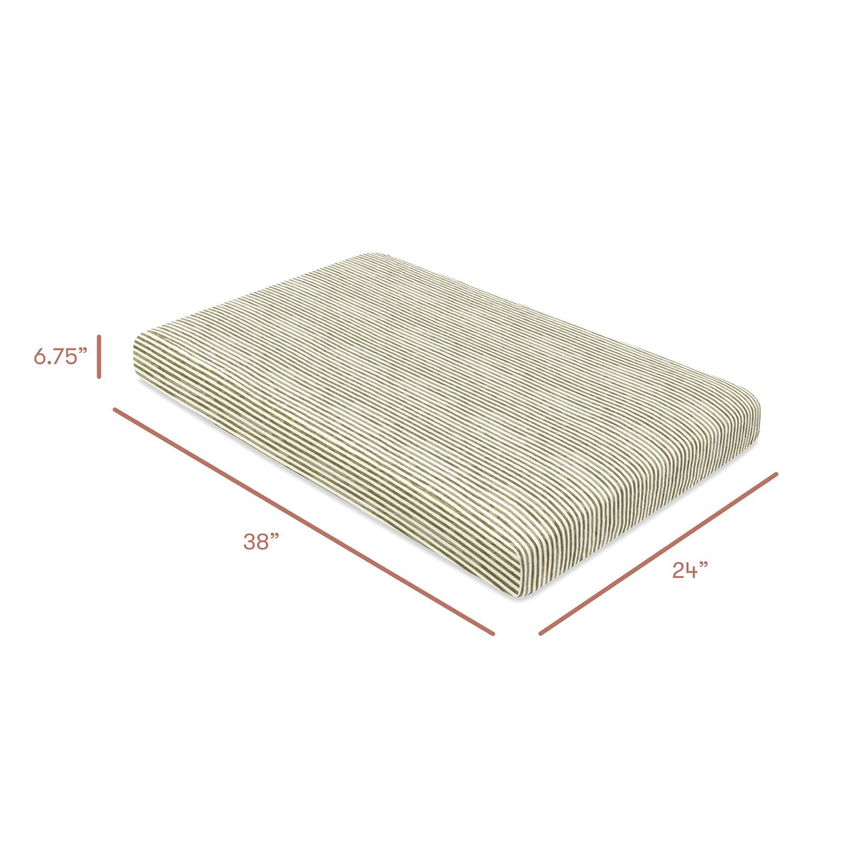Babyletto striped mattress with dimensions 38 inches by 24 inches by 6.75 inches