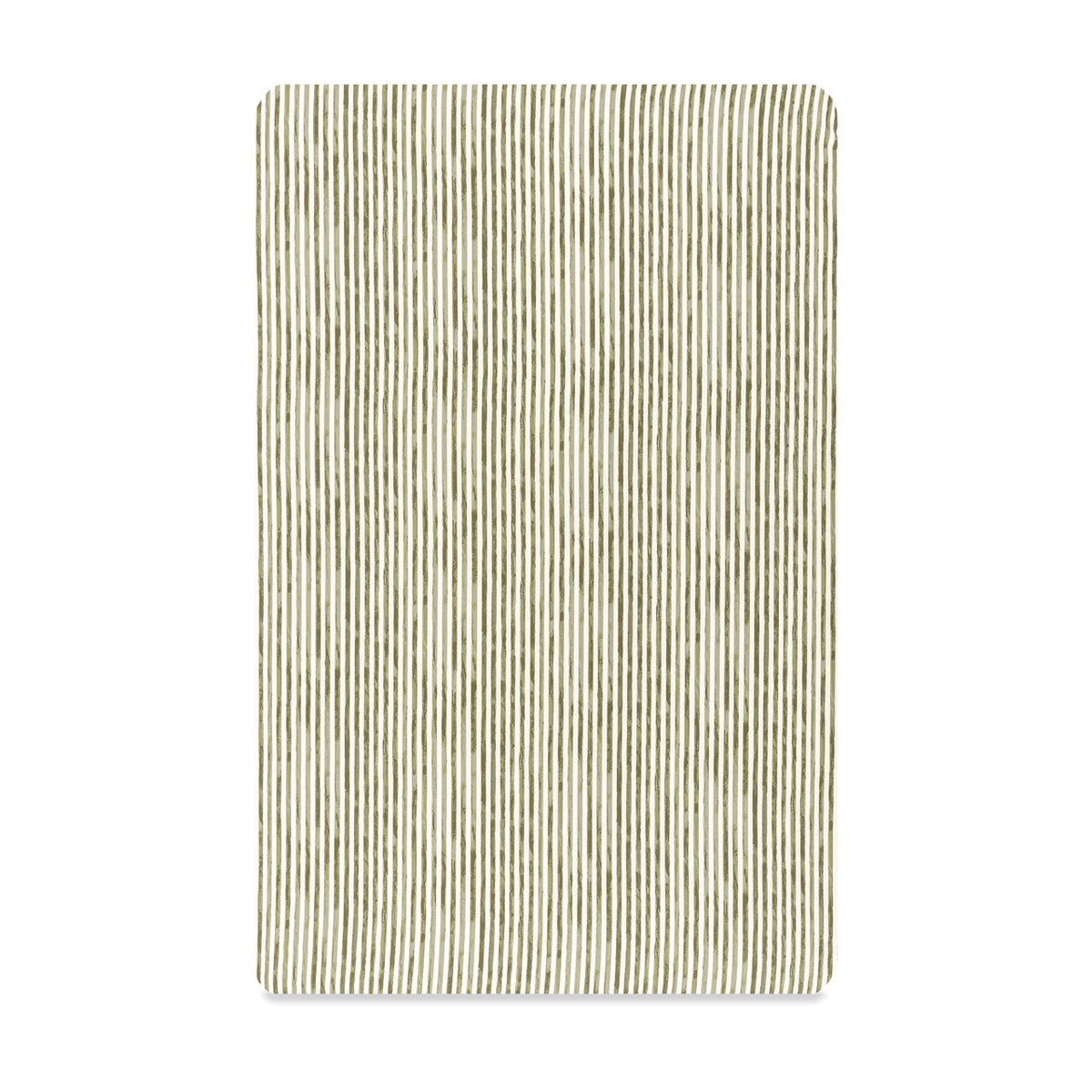 Babyletto crib sheet with olive green vertical pinstripe pattern on white background