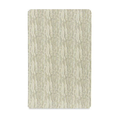 Babyletto crib sheet with olive green vertical pinstripe pattern on white background