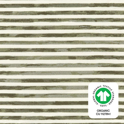 Babyletto fabric with olive green and white horizontal brushstroke stripes and GOTS organic certification label