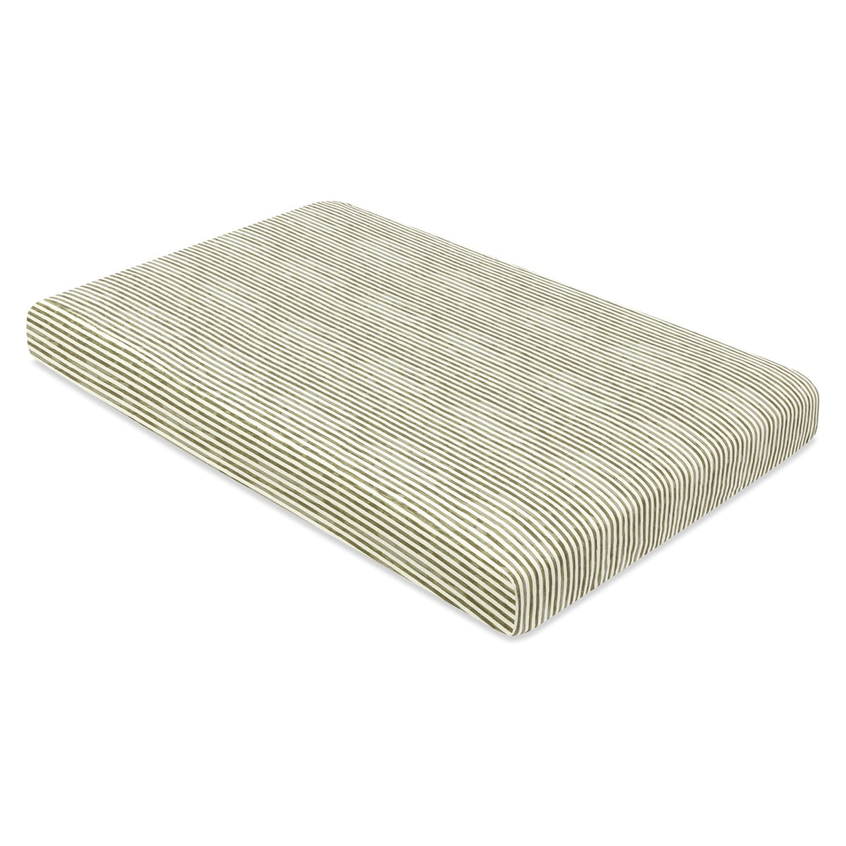 Babyletto crib sheet with olive green and white pinstripe pattern